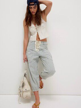 We The Free People Smooth Sailing Cropped Harem Jeans Railroad Stripe Coastal 27